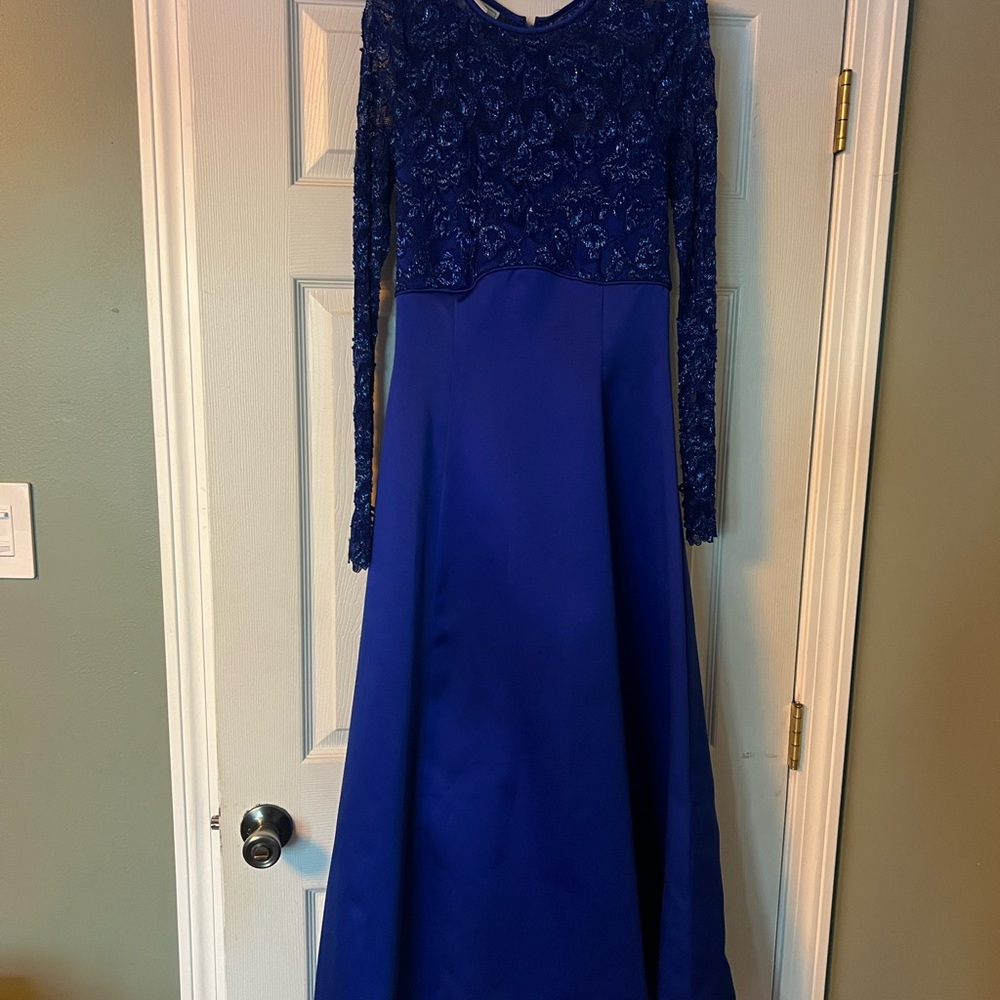 Vintage Jessica McClintock Gunne Sax Royal Blue Lace long sleeve formal gown
